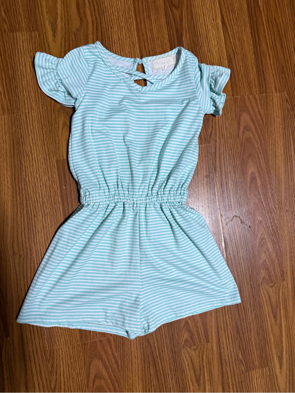 Btween Girl’s Striped Mint Green & White Romper Ruffle Sleeve Size 7